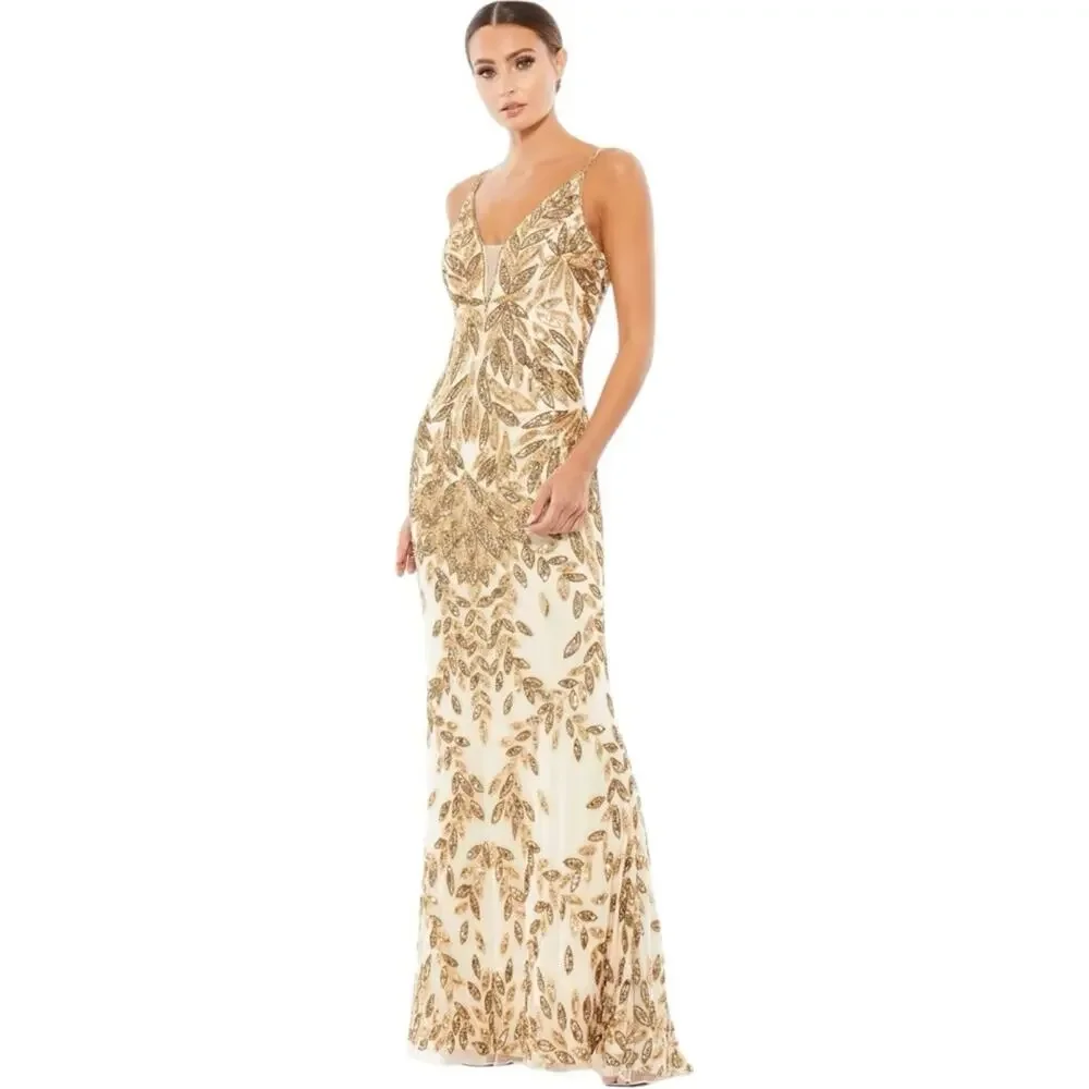 Mac Duggal Hand Embellished Sleeveless Evening Gown Nude Gold Size 10 #5107 NWT